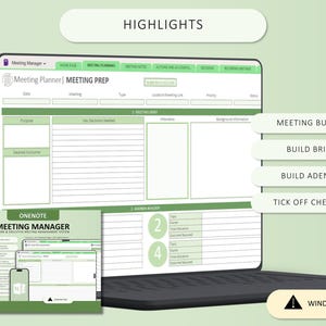 May include: A digital meeting planner template displayed on a laptop screen, featuring sections for meeting prep, agenda building, and checklists. The interface uses a green and white color scheme with text labels including Meeting Manager, Meeting Prep, Meeting Builder, Build Briefs, Build Agendas, Tick Off Checklist, and Windows Only.