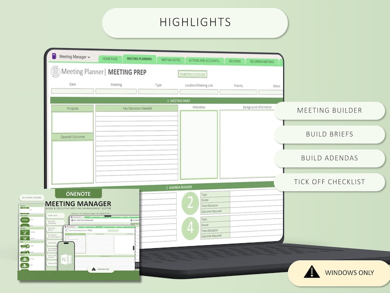 May include: A digital meeting planner template displayed on a laptop screen, featuring sections for meeting prep, agenda building, and checklists. The interface uses a green and white color scheme with text labels including Meeting Manager, Meeting Prep, Meeting Builder, Build Briefs, Build Agendas, Tick Off Checklist, and Windows Only.