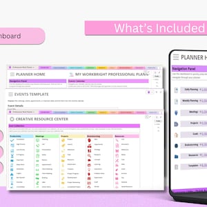 May include: A digital planner interface with a pink and white color scheme. The screen displays various sections, including "Planner Home," "Events Template," and "Creative Resource Center." The text "Dashboard" and "What's Included" are also visible.