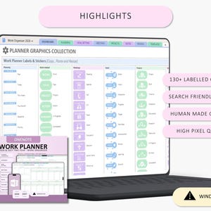May include: A digital work planner displayed on a laptop screen, featuring a collection of labeled graphics, stickers, and organizational tabs. The interface includes text such as Planner Graphics Collection, 130+ Labelled Graphics, and Windows Only.