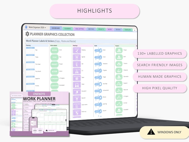 May include: A digital work planner displayed on a laptop screen, featuring a collection of labeled graphics, stickers, and organizational tabs. The interface includes text such as Planner Graphics Collection, 130+ Labelled Graphics, and Windows Only.
