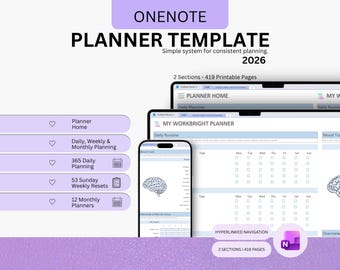 Agenda minimalista OneNote 2026, diario quotidiano per il benessere (download digitale)