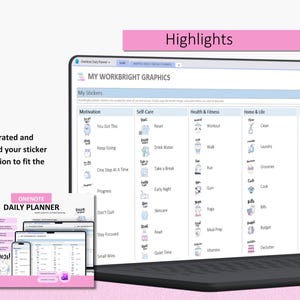 May include: A digital planner displayed on a laptop screen featuring a section titled My Workbright Graphics with a grid of categorized stickers including Motivation, Self-Care, Health & Fitness, and Home & Life with text labels.