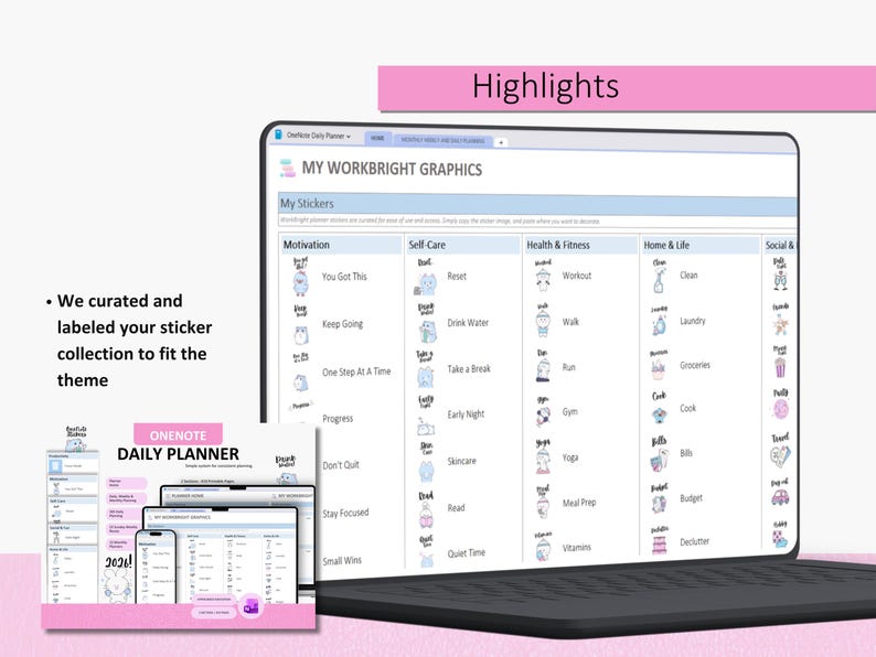 May include: A digital planner displayed on a laptop screen featuring a section titled My Workbright Graphics with a grid of categorized stickers including Motivation, Self-Care, Health & Fitness, and Home & Life with text labels.