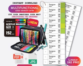 Languo 192 Pro akrylpenselpennfärgprov - Digital PDF-mall för penselpennfärgprov Färgprov Utskrivbar mall Direktnedladdning