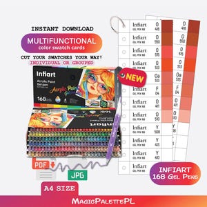 Może przedstawiać: Zestaw żelowych pisaków akrylowych Infiart w 168 kolorach, zawierający pudełko ekspozycyjne z ilustrowaną okładką, pojedynczy fioletowy pisak oraz karty wzorników kolorów do druku w formacie A4. Karty zawierają siatki z etykietami takimi jak Infiart, GEL PEN 168 oraz różne kody alfanumeryczne.