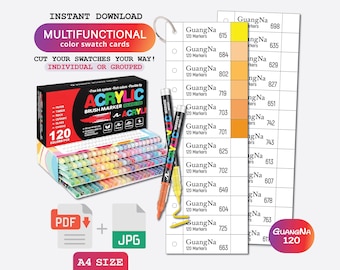 GuangNa 120 akrylpenselpennor färgprovmall, PDF digital nedladdning utskrivbart diagram, gör-det-själv organiserad färgpalett, målarkortsmall