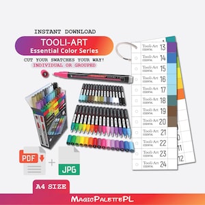 May include: A collection of Tooli-Art Essential Color Series markers, with a variety of colors, and a color chart. The image includes the text "Instant Download" and "Cut your swatches your way! Individual or grouped."