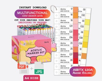 Arrtx 120A Anime Colors Acrylic Markers Brush Marker Swatch Template PDF Printable Markers Chart Instant Digital Download Color Sheet