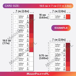 May include: A colour chart with red swatches, labelled with codes and measurements. The card size is 19.5 cm x 7 cm (7.7 x 2.8 inches). The example swatch is 7 cm (2.8 inches) long and 16 mm (0.63 inches) wide.