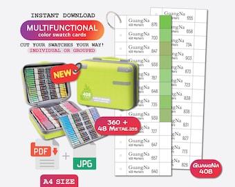 GuangNa 408-delade akrylpenselpenselprover - Digital PDF-mall för penselpenselpenselprover Färgprov Utskrivbar mall Direktnedladdning
