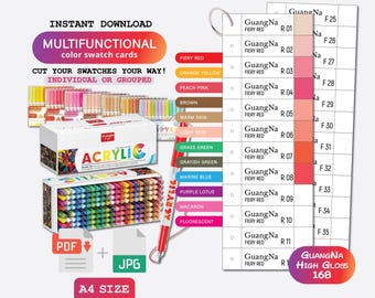 GuangNa 168 High Gloss Acrylic Pen Swatch Template, PDF Digital Download Printable Chart, DIY Organized Color Palette, Card Template
