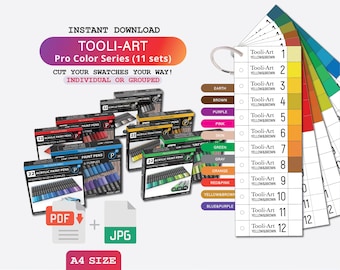 Färgprovmall för Tooli-Art PRO färgserie (alla 11 set) Pdf-färgprovsida PDF-prov Digital nedladdning Utskrivbar diagram