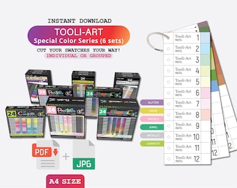 Färgprovmall för Tooli-Art specialfärgserie (alla 6 set) Pdf-färgprovsida PDF-färgprov digital nedladdning utskrivbart diagram