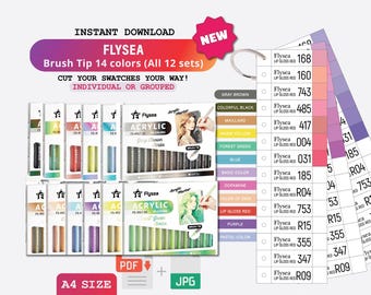 Swatch Template for Flysea Brush Tip 14 colors per set (All 12 sets) Pdf Coloring Swatch Page Swatch PDF Digital Download Printable Chart