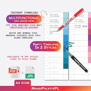 Op de afbeelding: Een digitale download met kleurstalenkaarten. Het ontwerp omvat een ringband, twee acrylmarkers en een kleurenpalet. De tekst op de kaart luidt "MULTIFUNCTIONELE kleurstalenkaarten" en "LEGE SJABLONEN IN 2 STIJLEN". Het bestand is beschikbaar in PDF- en JPG-indeling.