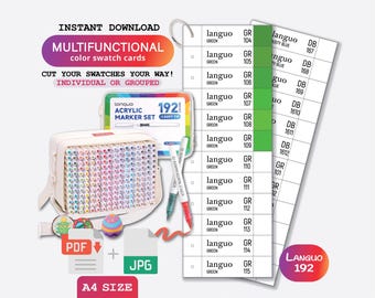 Languo 192 färger penselpenna färgprovmall PDF utskrivbar mjuk spets akrylpenna diagram direkt digital nedladdning färgark
