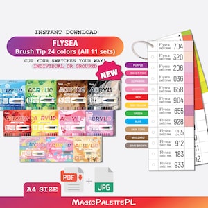 Puede incluir: Once juegos de marcadores de punta de pincel acrílico Flysea en cajas con temas de colores, acompañados de una tabla de referencia de muestras de color en un anillo de metal. La tabla muestra nombres, números y muestras de tinta.