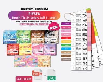 Swatch Template for Flysea Brush Tip 24 colors per set (All 11 sets) Pdf Coloring Swatch Page Swatch PDF Digital Download Printable Chart