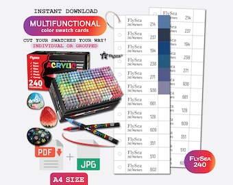 Flysea 240 Acrylic Brush Markers Swatch Template, PDF Digital Download Printable Chart, DIY Organized Color Palette, Coloring Card Template