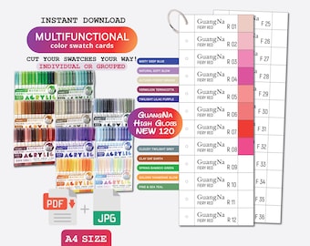 GuangNa 120 Colors New 10 SETS High Gloss Acrylic Pen Swatch Template, PDF Digital Download Printable Chart, DIY Organized Color Palette