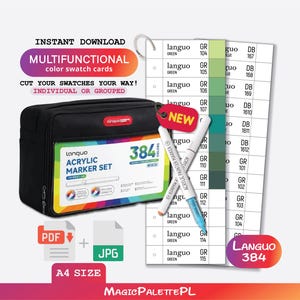 Puede incluir: Un estuche negro para un set de 384 marcadores acrílicos, con una ventana frontal transparente y texto del producto. Se incluyen dos marcadores acrílicos blancos y una hoja de muestras de color con anillas y códigos de color.