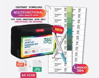 Languo 384 Colors Brush Marker Swatch Template PDF Printable Soft Tip Acrylic Markers Chart Instant Digital Download Color Sheet