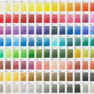 May include: A colour chart showcasing a wide spectrum of coloured pencil shades. The chart is organised in a grid, with each square showcasing a different hue, ranging from vibrant reds and blues to subtle greens and browns. Each colour is labelled with a number.
