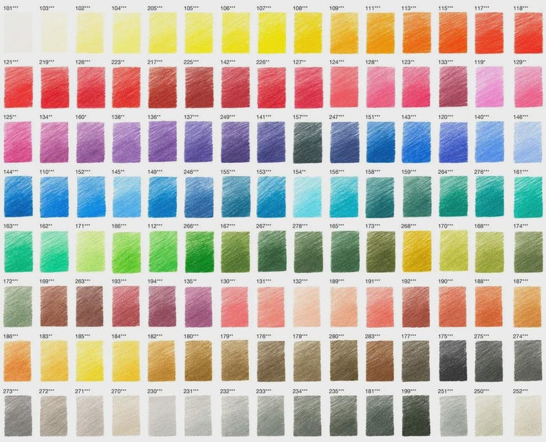 May include: A colour chart showcasing a wide spectrum of coloured pencil shades. The chart is organised in a grid, with each square showcasing a different hue, ranging from vibrant reds and blues to subtle greens and browns. Each colour is labelled with a number.