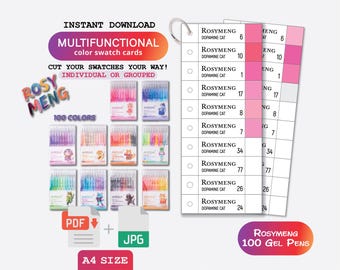 Rosymeng Gelpennor Swatch 10-serien 100 digitala PDF-färgprovmall för gelpennor, färgprov på en sida, utskrivbar mall, direktnedladdning