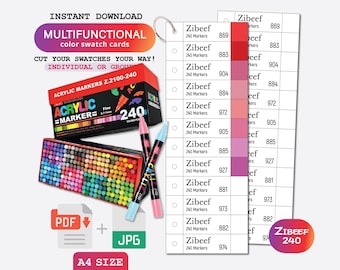 Zibeef 240 Acrylic Markers Swatch Template, PDF Digital Download Printable Chart, DIY Organized Color Palette, Coloring Card Template