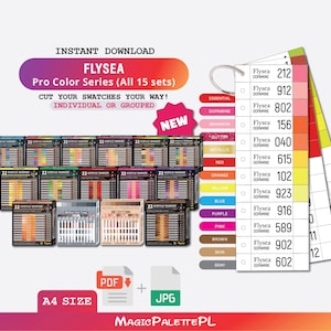 May include: An image showcasing Flysea Pro Color Series acrylic markers. The image includes 15 sets of markers, color swatches, and digital download files. The text on the image says "Instant Download" and "Cut your swatches your way!"