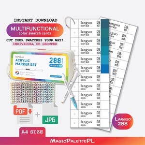 Könnte beinhalten: Ein Set mit 288 Acrylmarkern mit weichen Spitzen, dargestellt mit Farbmusterkarten, einem Federmäppchen und digitalen Download-Symbolen. Der Text lautet "Sofort-Download", "Multifunktionale Farbmusterkarten" und "Schneiden Sie Ihre Muster nach Belieben!"