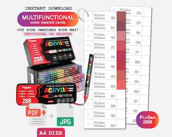 Flysea 288 Acrylic Brush Markers Swatch Template, PDF Digital Download Printable Chart, DIY Organized Color Palette, Coloring Card Template