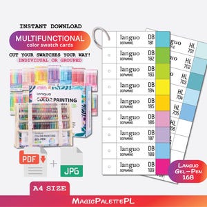Può includere: Download digitale con schede di campioni di colore e penne gel. L'immagine include una varietà di penne gel colorate, schede di campioni con codici colore e il testo "Download istantaneo" e "Schede di campioni di colore multifunzionali". I formati di file sono PDF e JPG.