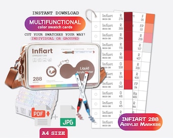 Infiart 288 färger penselpenna färgprovmall PDF utskrivbar mjuk spets akrylpenna diagram direkt digital nedladdning färgark