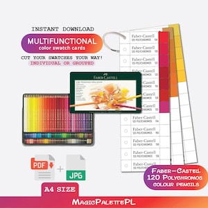 May include: An image featuring Faber-Castell 120 Polychromos colour pencils and colour swatch cards. The image includes a box of coloured pencils, a colour chart, and digital download icons. Text on the image reads "Instant Download" and "Multifunctional colour swatch cards."