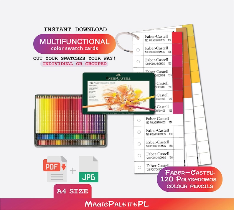 May include: An image featuring Faber-Castell 120 Polychromos colour pencils and colour swatch cards. The image includes a box of coloured pencils, a colour chart, and digital download icons. Text on the image reads "Instant Download" and "Multifunctional colour swatch cards."
