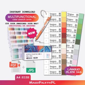 Puede incluir: Un conjunto digital de tarjetas de muestra de color multifuncionales para bolígrafos de gel acrílico Languo, con 144 opciones de color. Incluye un archivo PDF y JPG en tamaño A4, una caja de producto Acrylic Painting Gel-Pen y un bolígrafo naranja.
