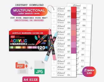 Zibeef 120 Acrylic Markers Swatch Template, PDF Digital Download Printable Chart, DIY Organized Color Palette, Coloring Card Template