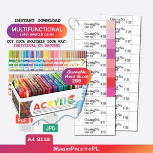 May include: A set of printable A4 color swatch cards for GuangNa acrylic markers, featuring a grid layout with color names like Fiery Red and Skin, alongside a box of markers, a single marker, and digital file icons for PDF and JPG formats.