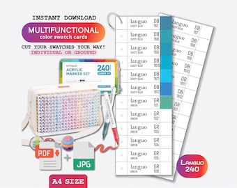 Languo 240 färger penselpenna färgprovmall PDF utskrivbar mjuk spets akrylpenna diagram direkt digital nedladdning färgark
