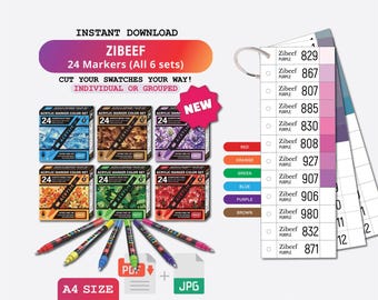 Swatch Template for Zibeef Plastic Tip 24 colors per set (6 sets) Pdf Coloring Swatch Page Swatch PDF Digital Download Printable Chart