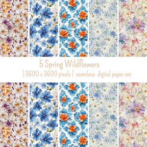 5 Seamless Spring Wildflowers, Watercolor Flower Backgrounds, Spring Floral Digital Paper, Printable Paper Set