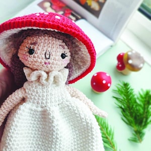 Agatha the little mushroom girl Doll Crochet Pattern. Instant PDF Download. Cute toadstool doll amigurumi pattern.
