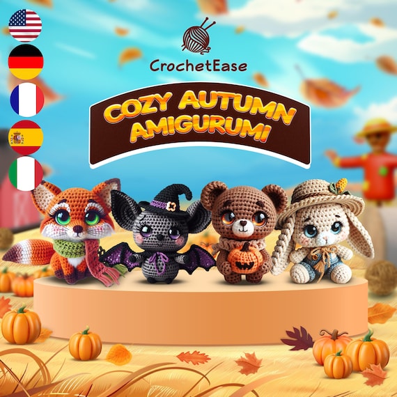 Cozy Autumn Amigurumi Bundle - 4 Crochet Patterns for Fall Decor - PDF Multi-Language Guide (English, French, German, Italian, Spanish)