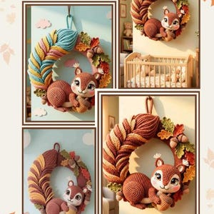 May include: A decorative wall wreath featuring a crocheted squirrel holding an acorn, surrounded by crocheted autumn leaves and acorns. The wreath is constructed with braided yarn in shades of brown, orange, yellow, and teal, hanging by a loop.