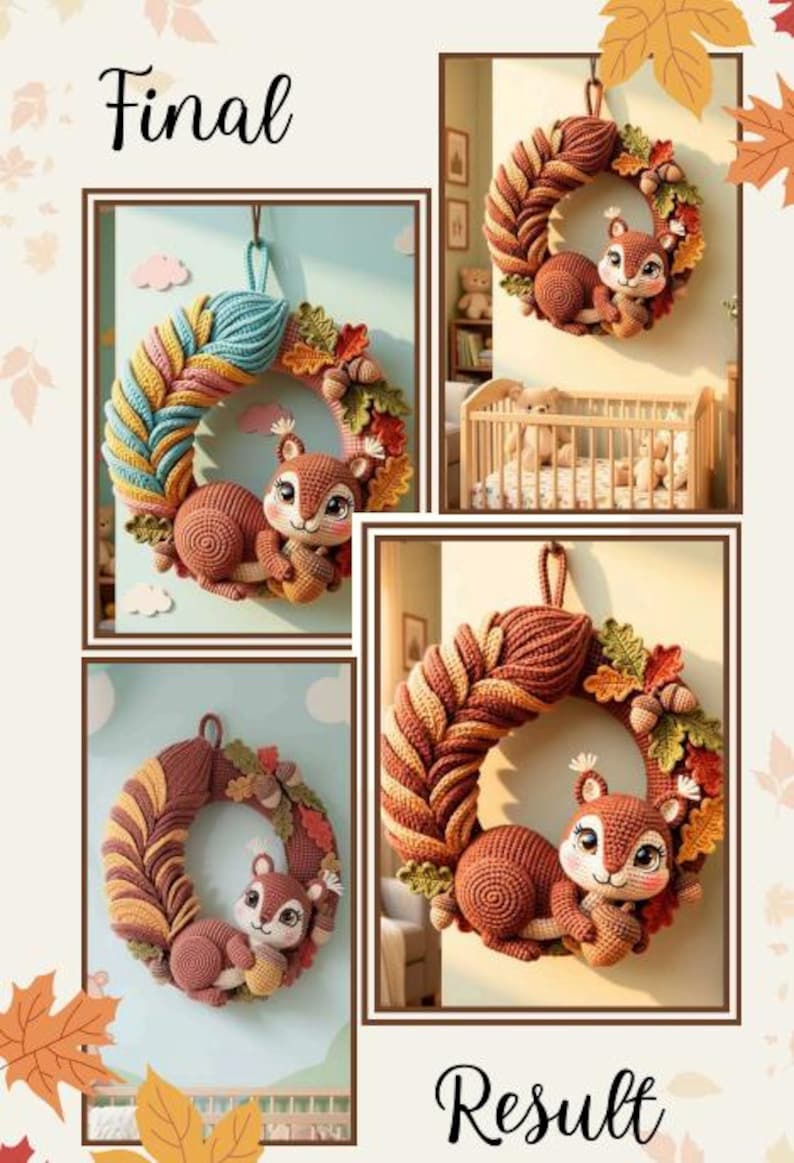 May include: A decorative wall wreath featuring a crocheted squirrel holding an acorn, surrounded by crocheted autumn leaves and acorns. The wreath is constructed with braided yarn in shades of brown, orange, yellow, and teal, hanging by a loop.