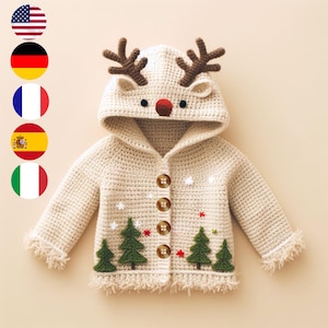 Reindeer Hooded Cardigan Crochet Pattern - All Sizes - Festive Multi-Language Guide (English, French, German, Italian, Spanish)