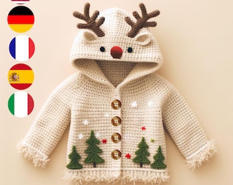 Reindeer Hooded Cardigan Crochet Pattern - All Sizes - Festive Multi-Language Guide (English, French, German, Italian, Spanish)